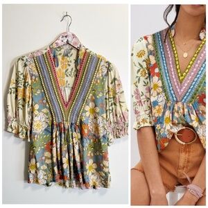 BL-NK London Stephanie Top Floral Yellow Blue S Small FLAWS V-neck